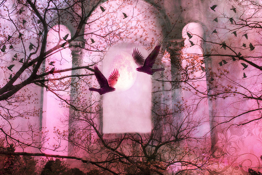 surreal-pink-fantasy-trees-ravens-flying